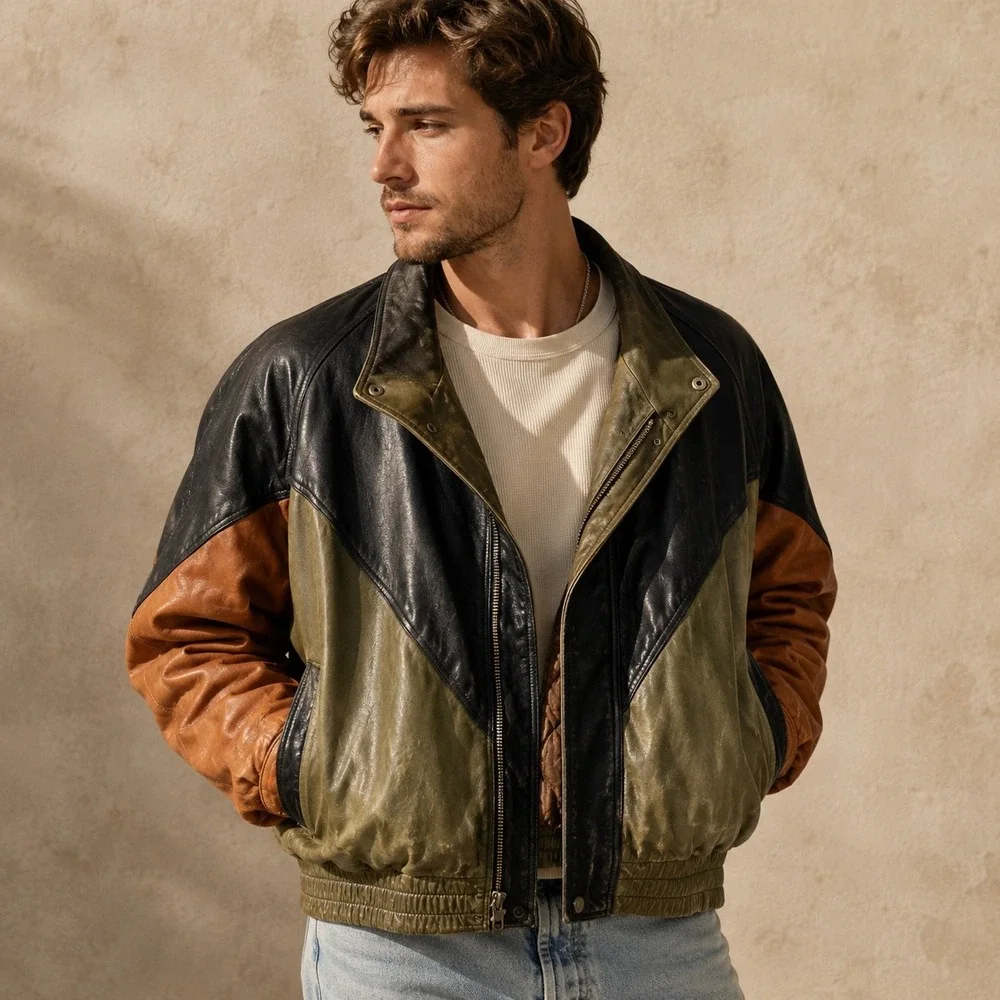 Vintage I.O.U. Leather Collection Jacket Mens M Colorblock Bomber 90s Grunge
